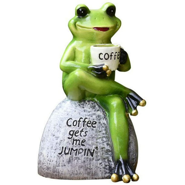 OwMell Crown Frog Prince Statue Lying in Rocking Chair Drinking Coffee Figurine Garden Patio Indoor Outdoor Decoration Model Sculpture 5 Inch 